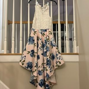 Pink and White High Low Dress with Blue Flowers